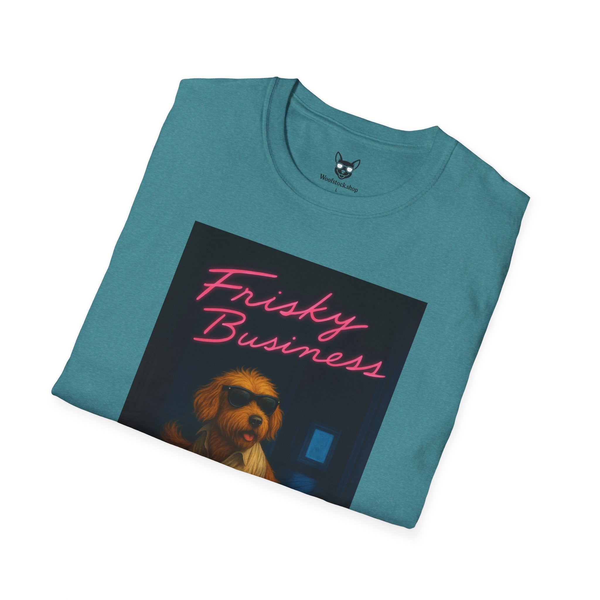 Risky Business Movie Poster Dog Parody Unisex Softstyle T-Shirt -- Funny Dog Movie Tee for Film and Dog Lovers